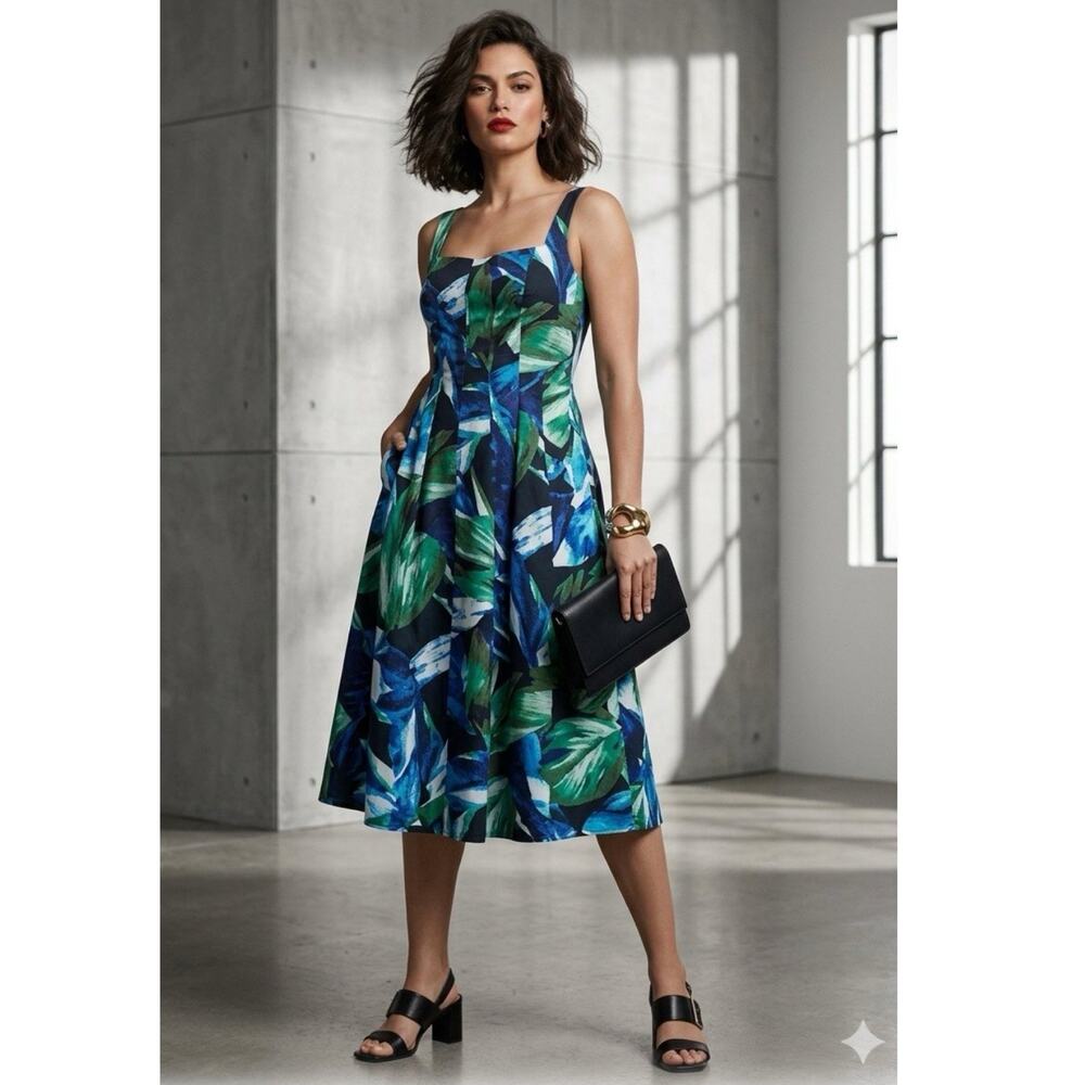 WHBM Leaf Print Cotton Fit & Flare Midi Dress Size 6 Feminine Tropical Vacation